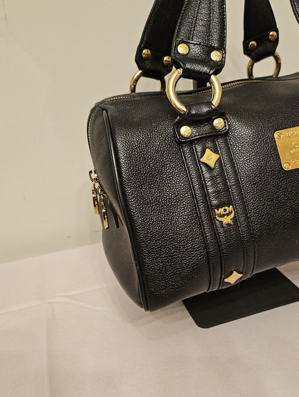 MCM Black Pebbled Leather Boston Bowler Satchel – Gold Hardware - Picture 3 of 16